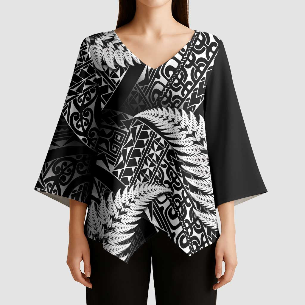 New Zealand Rugby Pacific Personalised Kimono Sleeve Blouse All Black Maori Pasifika Fern Pattern - Polynesian Pride