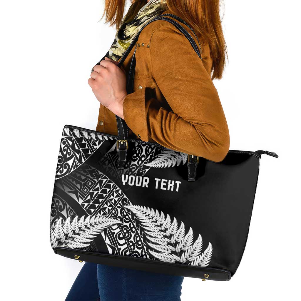 New Zealand Rugby Pacific Personalised Leather Tote Bag All Black Maori Pasifika Fern Pattern LT9 Black - Polynesian Pride