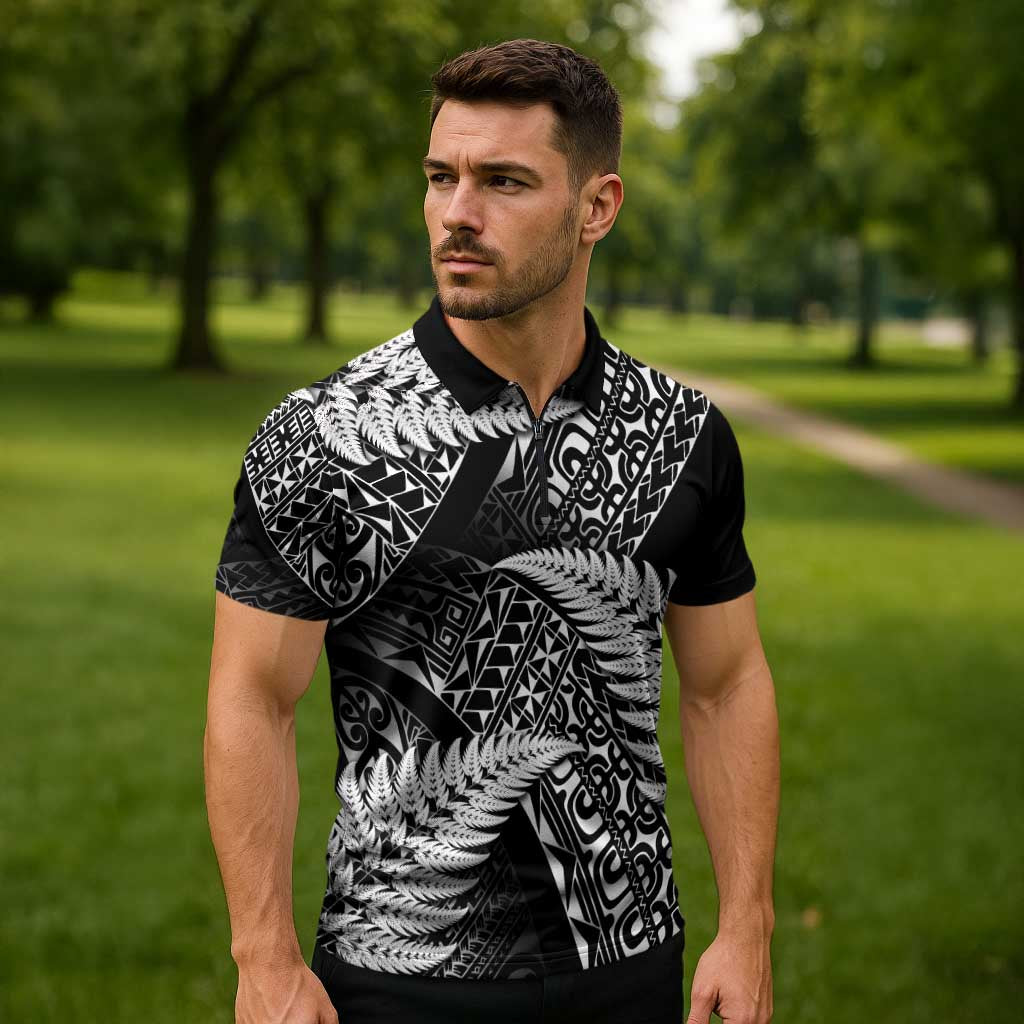 New Zealand Rugby Pacific Personalised Zipper Polo Shirt All Black Maori Pasifika Fern Pattern - Polynesian Pride