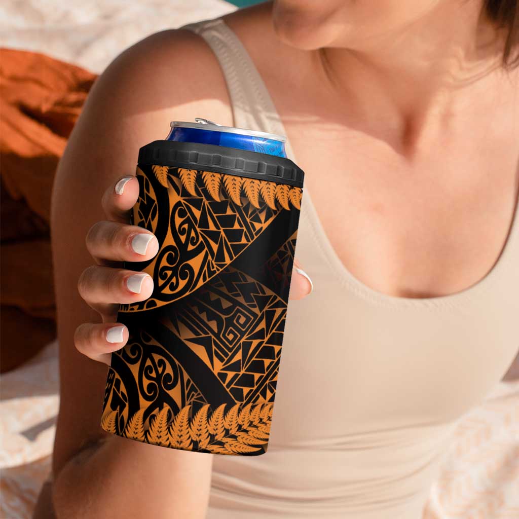 New Zealand Rugby Pacific Personalised 4 in 1 Can Cooler Tumbler All Gold Maori Pasifika Fern Pattern LT9 - Polynesian Pride