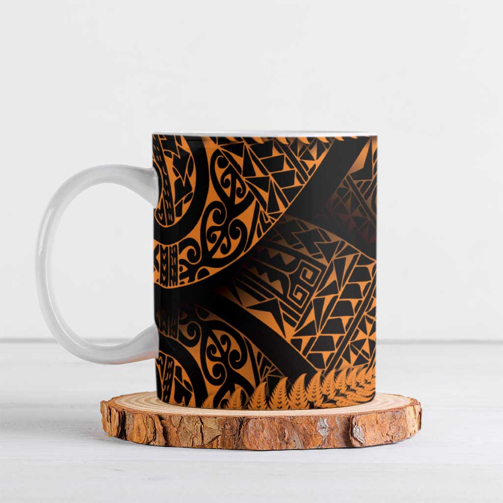 New Zealand Rugby Pacific Personalised Ceramic Mug All Gold Maori Pasifika Fern Pattern - Polynesian Pride