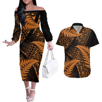 New Zealand Rugby Pacific Personalised Couples Matching Off The Shoulder Long Sleeve Dress and Hawaiian Shirt All Gold Maori Pasifika Fern Pattern