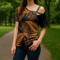 New Zealand Rugby Pacific Personalised Cross Shoulder Shirt All Gold Maori Pasifika Fern Pattern LT9 - Polynesian Pride