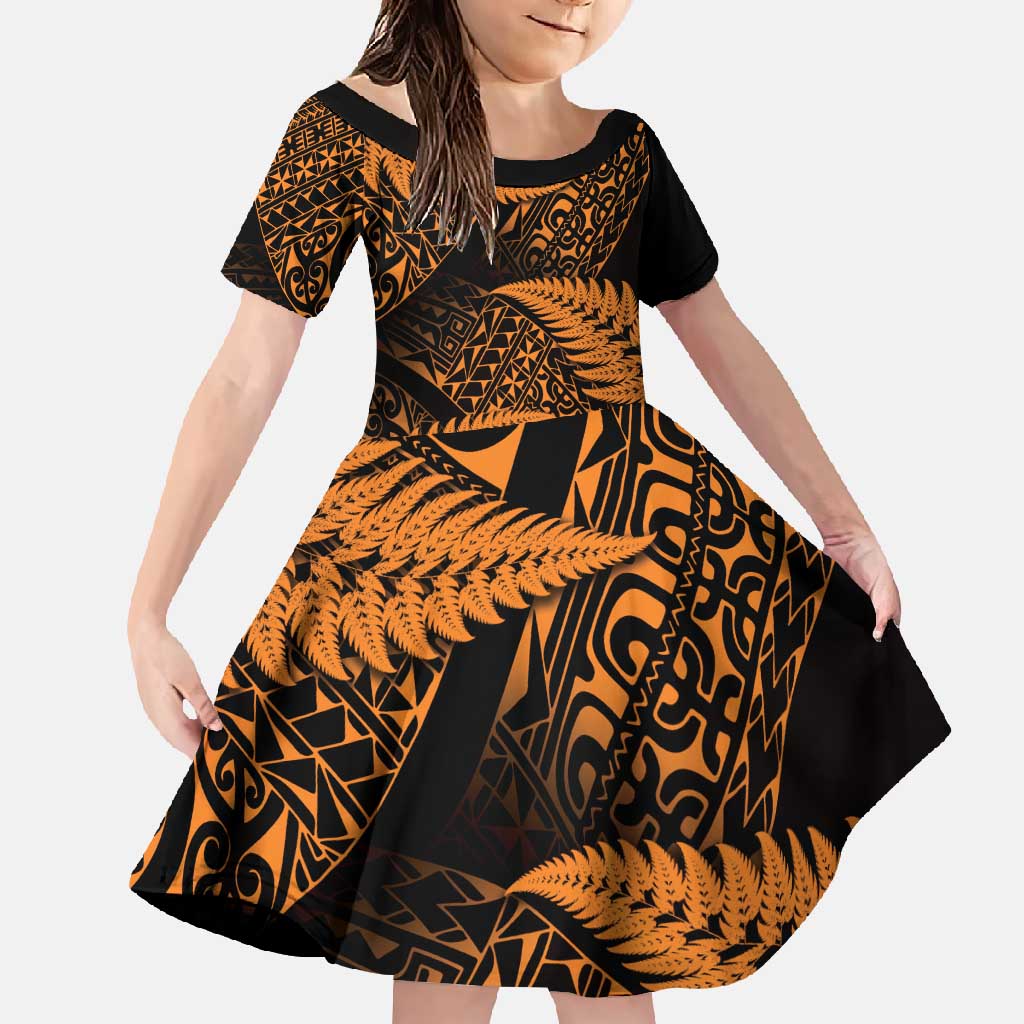 New Zealand Rugby Pacific Personalised Family Matching Mermaid Dress and Hawaiian Shirt All Gold Maori Pasifika Fern Pattern LT9 Daughter's Dress Gold - Polynesian Pride