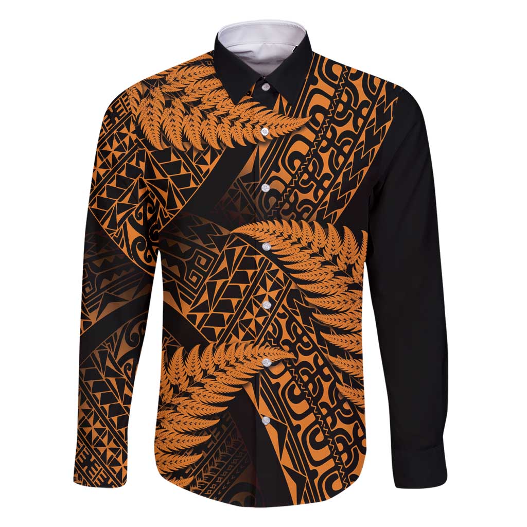 New Zealand Rugby Pacific Personalised Family Matching Mermaid Dress and Hawaiian Shirt All Gold Maori Pasifika Fern Pattern LT9 Dad's Shirt - Long Sleeve Gold - Polynesian Pride