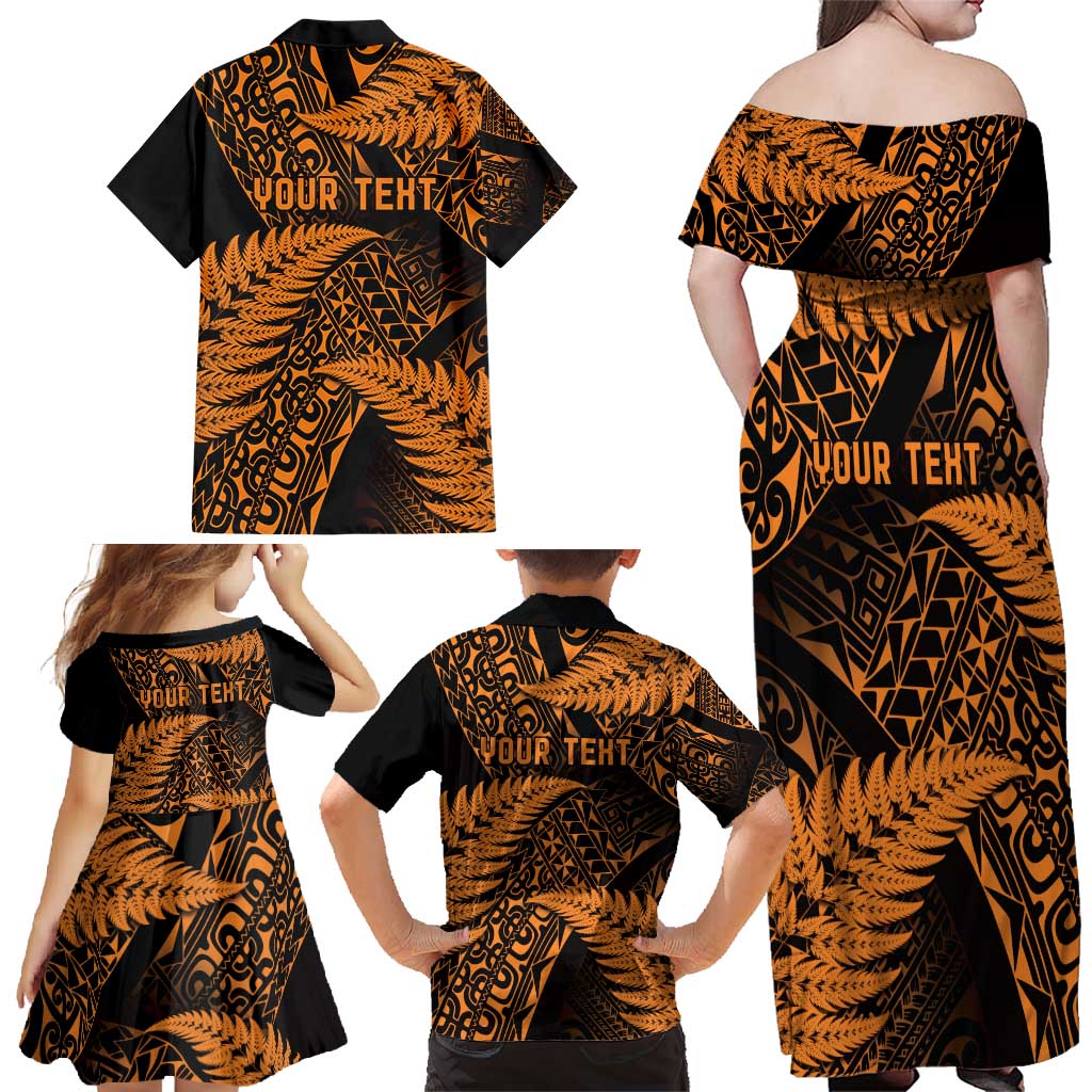 New Zealand Rugby Pacific Personalised Family Matching Off Shoulder Maxi Dress and Hawaiian Shirt All Gold Maori Pasifika Fern Pattern
