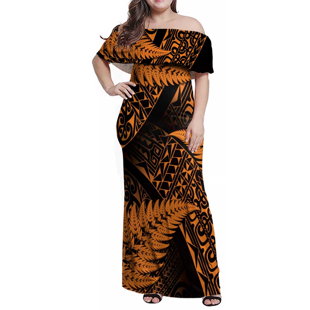New Zealand Rugby Pacific Personalised Family Matching Off Shoulder Maxi Dress and Hawaiian Shirt All Gold Maori Pasifika Fern Pattern