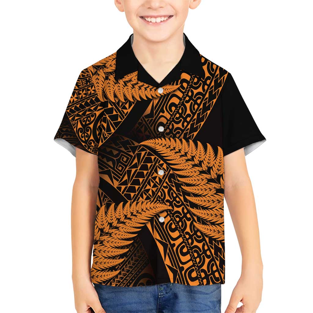 New Zealand Rugby Pacific Personalised Family Matching Summer Maxi Dress and Hawaiian Shirt All Gold Maori Pasifika Fern Pattern LT9 Son's Shirt Gold - Polynesian Pride