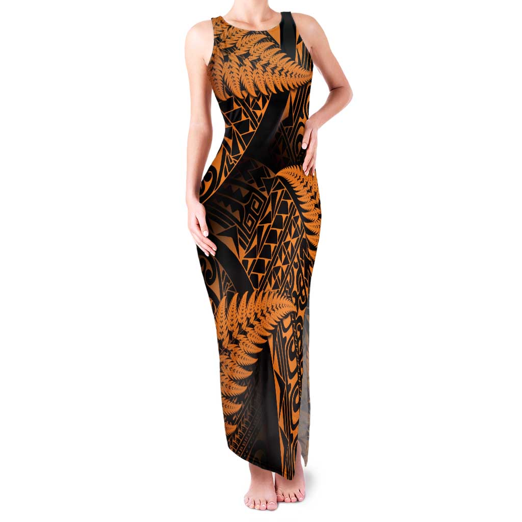 New Zealand Rugby Pacific Personalised Family Matching Tank Maxi Dress and Hawaiian Shirt All Gold Maori Pasifika Fern Pattern LT9 Mom's Dress Gold - Polynesian Pride