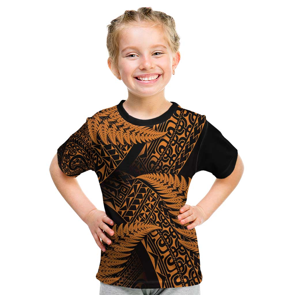 New Zealand Rugby Pacific Personalised Kid T Shirt All Gold Maori Pasifika Fern Pattern LT9 Gold - Polynesian Pride