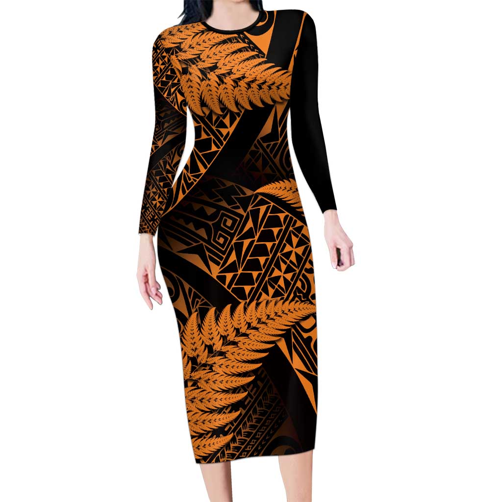 New Zealand Rugby Pacific Personalised Long Sleeve Bodycon Dress All Gold Maori Pasifika Fern Pattern