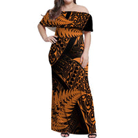 New Zealand Rugby Pacific Personalised Off Shoulder Maxi Dress All Gold Maori Pasifika Fern Pattern