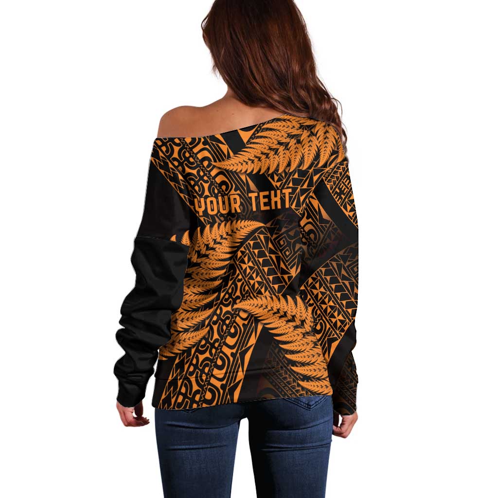 New Zealand Rugby Pacific Personalised Off Shoulder Sweater All Gold Maori Pasifika Fern Pattern