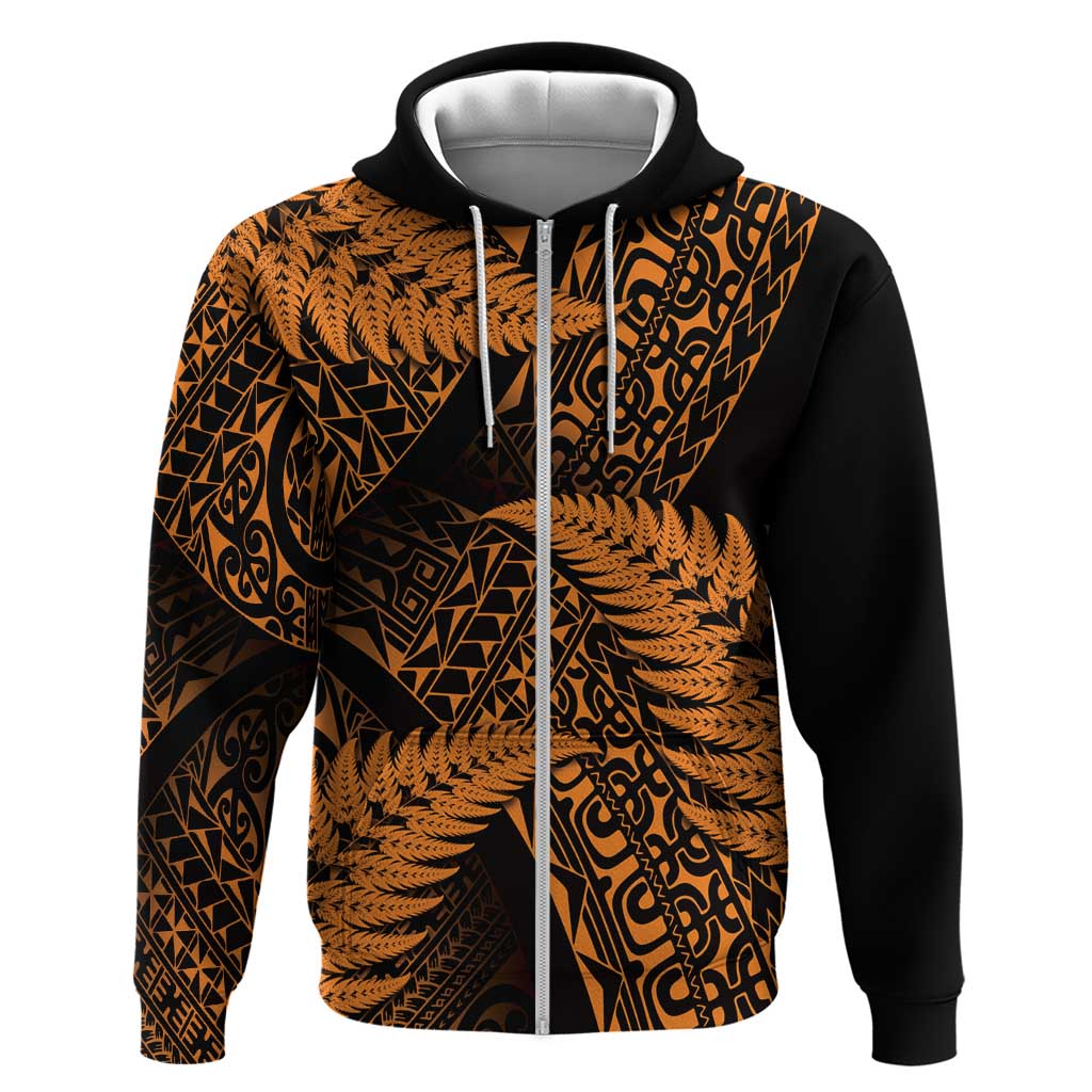 New Zealand Rugby Pacific Personalised Zip Hoodie All Gold Maori Pasifika Fern Pattern