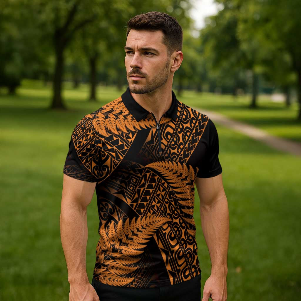 New Zealand Rugby Pacific Personalised Zipper Polo Shirt All Gold Maori Pasifika Fern Pattern - Polynesian Pride