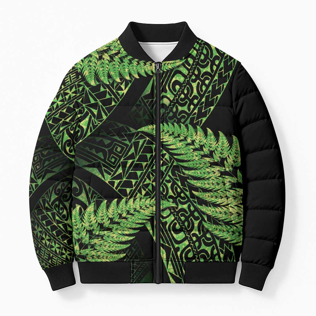 New Zealand Rugby Pacific Personalised Bomber Puffer Jacket All Lime Maori Pasifika Fern Pattern LT9 Unisex Lime - Polynesian Pride