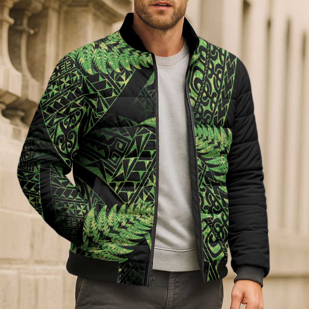 New Zealand Rugby Pacific Personalised Bomber Puffer Jacket All Lime Maori Pasifika Fern Pattern LT9 - Polynesian Pride