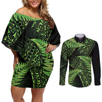 New Zealand Rugby Pacific Personalised Couples Matching Off Shoulder Short Dress and Long Sleeve Button Shirt All Lime Maori Pasifika Fern Pattern LT9 Lime - Polynesian Pride