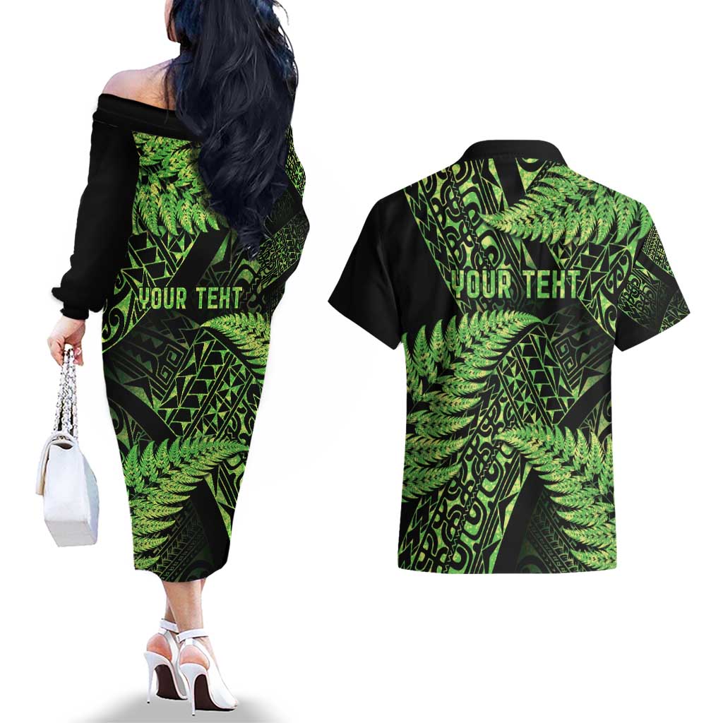 New Zealand Rugby Pacific Personalised Couples Matching Off The Shoulder Long Sleeve Dress and Hawaiian Shirt All Lime Maori Pasifika Fern Pattern