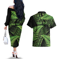 New Zealand Rugby Pacific Personalised Couples Matching Off The Shoulder Long Sleeve Dress and Hawaiian Shirt All Lime Maori Pasifika Fern Pattern