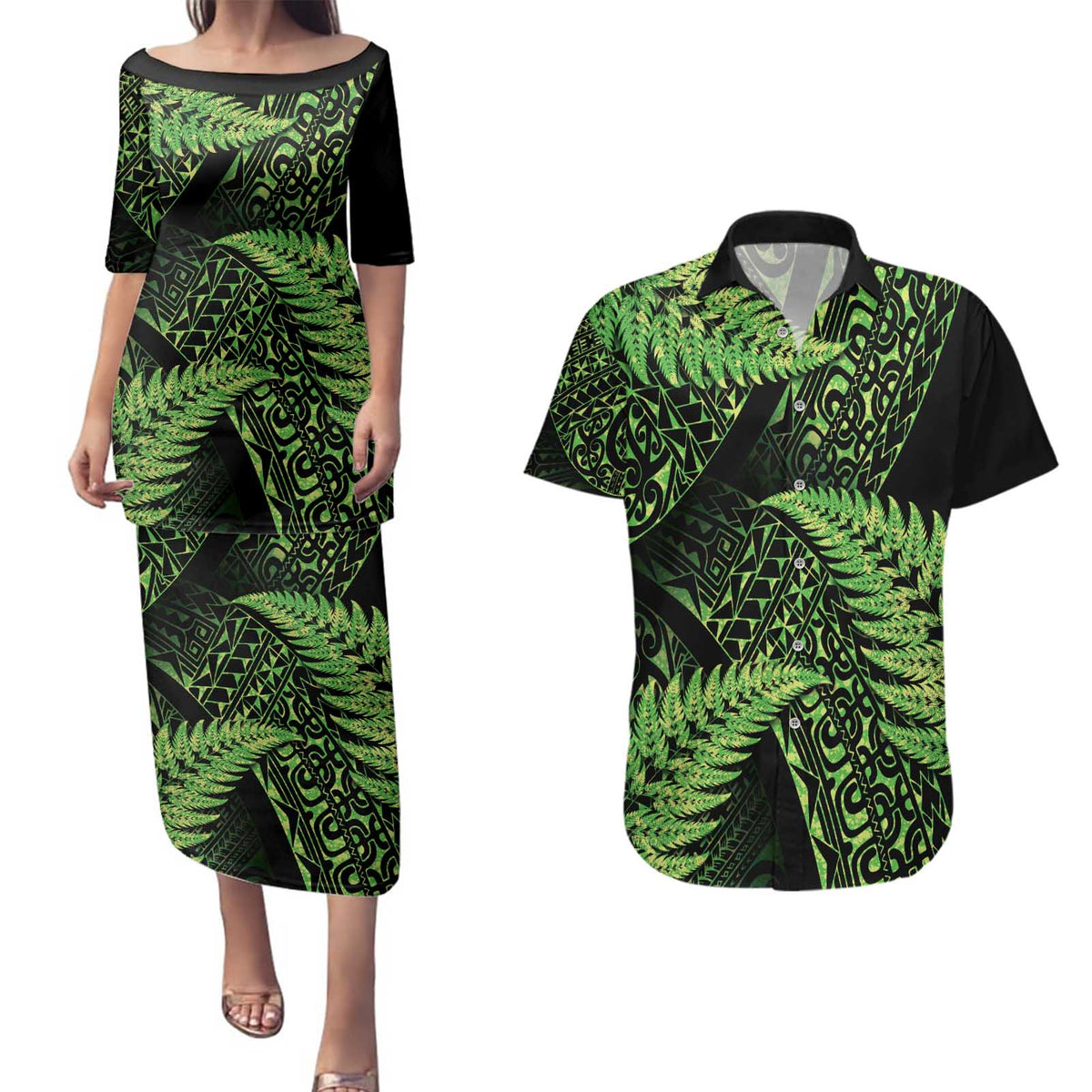 New Zealand Rugby Pacific Personalised Couples Matching Puletasi and Hawaiian Shirt All Lime Maori Pasifika Fern Pattern LT9 Lime - Polynesian Pride