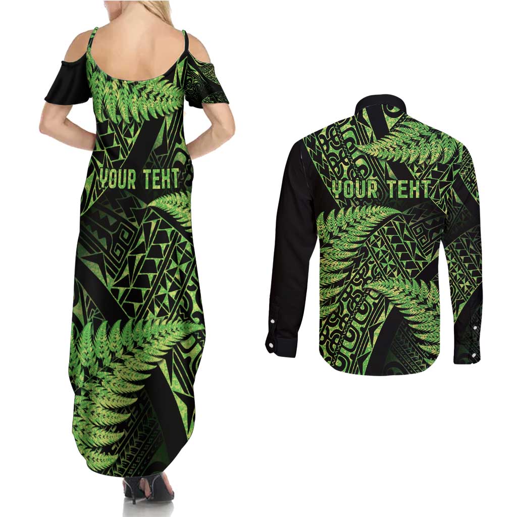 New Zealand Rugby Pacific Personalised Couples Matching Summer Maxi Dress and Long Sleeve Button Shirt All Lime Maori Pasifika Fern Pattern LT9 - Polynesian Pride