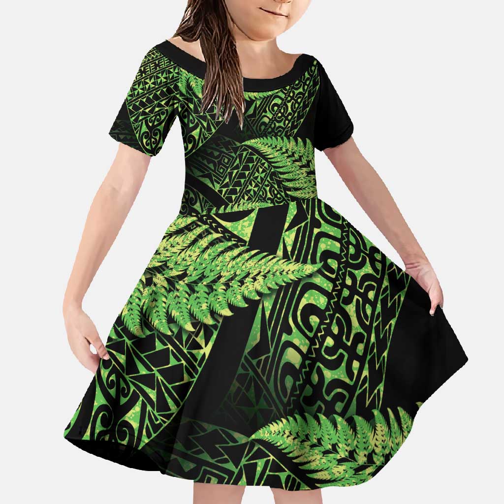 New Zealand Rugby Pacific Personalised Family Matching Long Sleeve Bodycon Dress and Hawaiian Shirt All Lime Maori Pasifika Fern Pattern LT9 Daughter's Dress Lime - Polynesian Pride