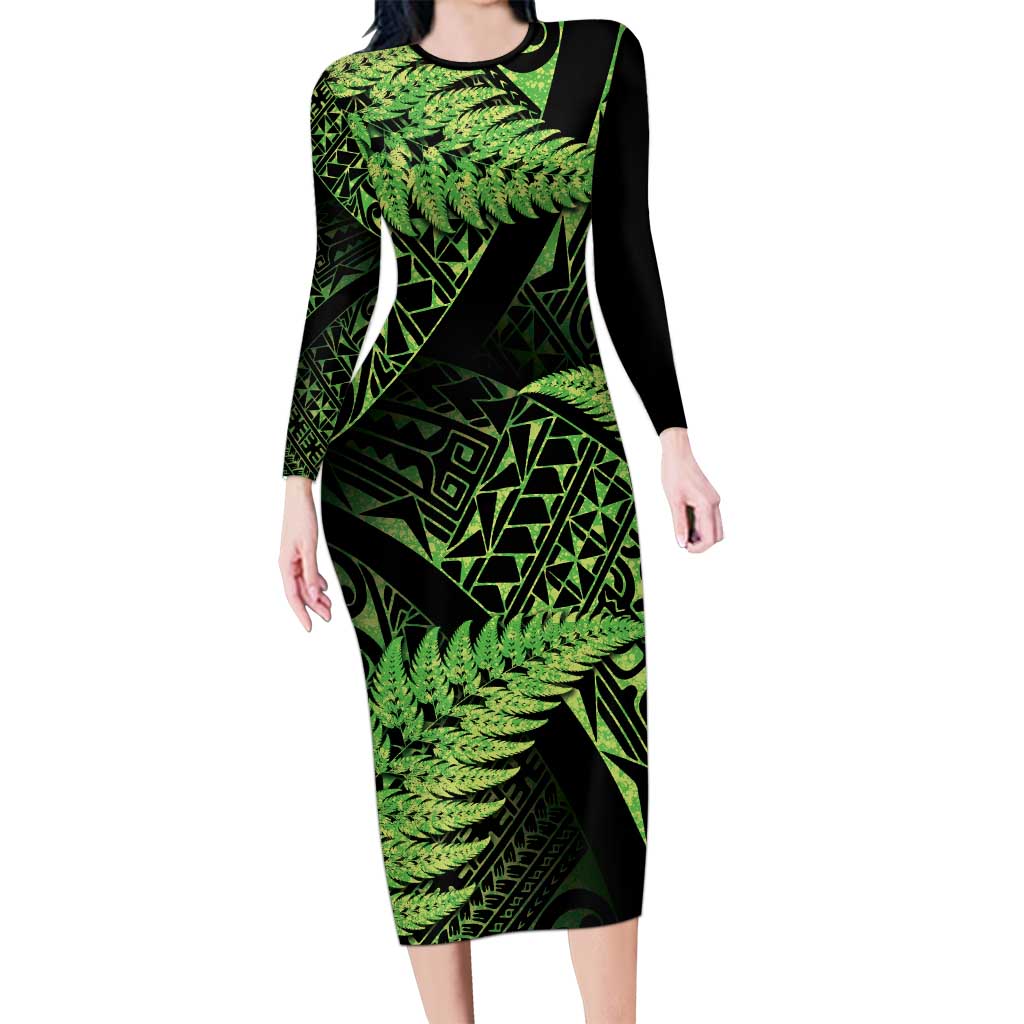 New Zealand Rugby Pacific Personalised Family Matching Long Sleeve Bodycon Dress and Hawaiian Shirt All Lime Maori Pasifika Fern Pattern LT9 Mom's Dress Lime - Polynesian Pride