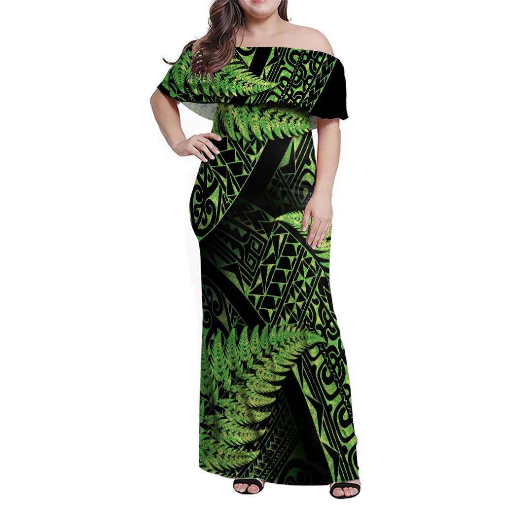 New Zealand Rugby Pacific Personalised Family Matching Off Shoulder Maxi Dress and Hawaiian Shirt All Lime Maori Pasifika Fern Pattern