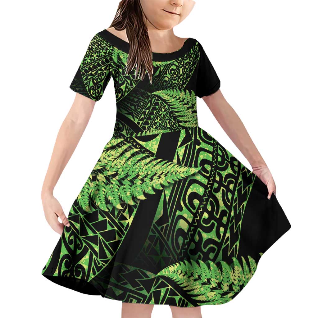 New Zealand Rugby Pacific Personalised Family Matching Off Shoulder Short Dress and Hawaiian Shirt All Lime Maori Pasifika Fern Pattern LT9 Daughter's Dress Lime - Polynesian Pride