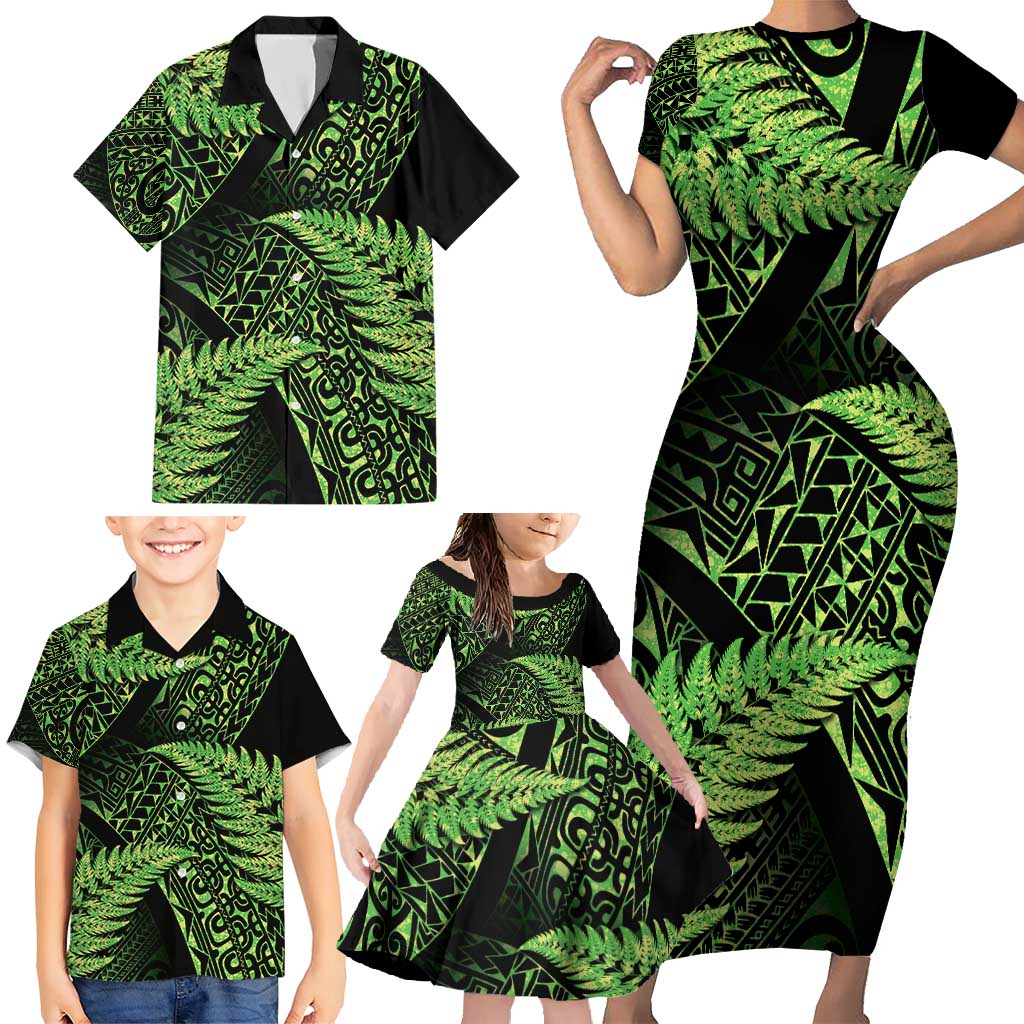 New Zealand Rugby Pacific Personalised Family Matching Short Sleeve Bodycon Dress and Hawaiian Shirt All Lime Maori Pasifika Fern Pattern LT9 - Polynesian Pride