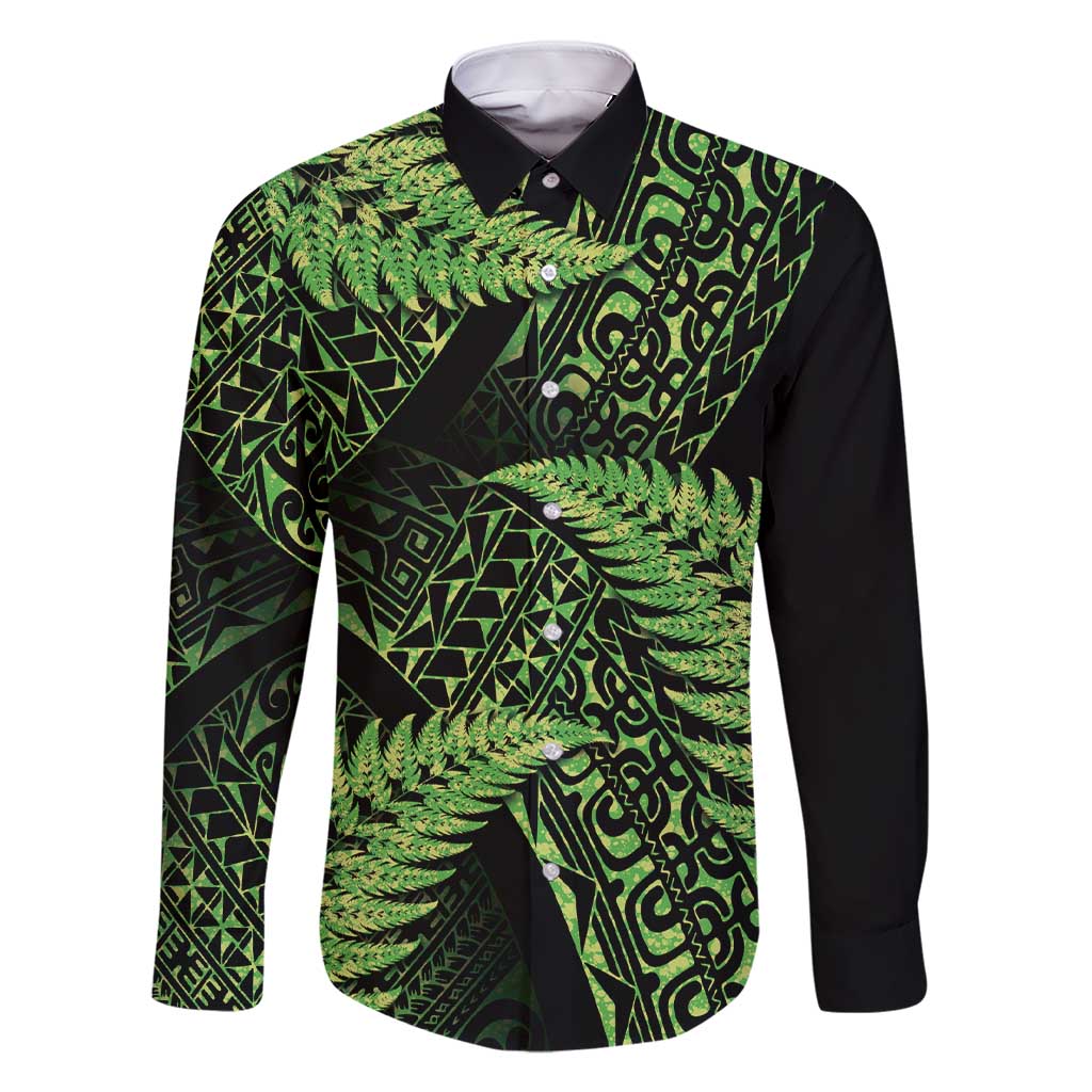New Zealand Rugby Pacific Personalised Family Matching Short Sleeve Bodycon Dress and Hawaiian Shirt All Lime Maori Pasifika Fern Pattern LT9 Dad's Shirt - Long Sleeve Lime - Polynesian Pride