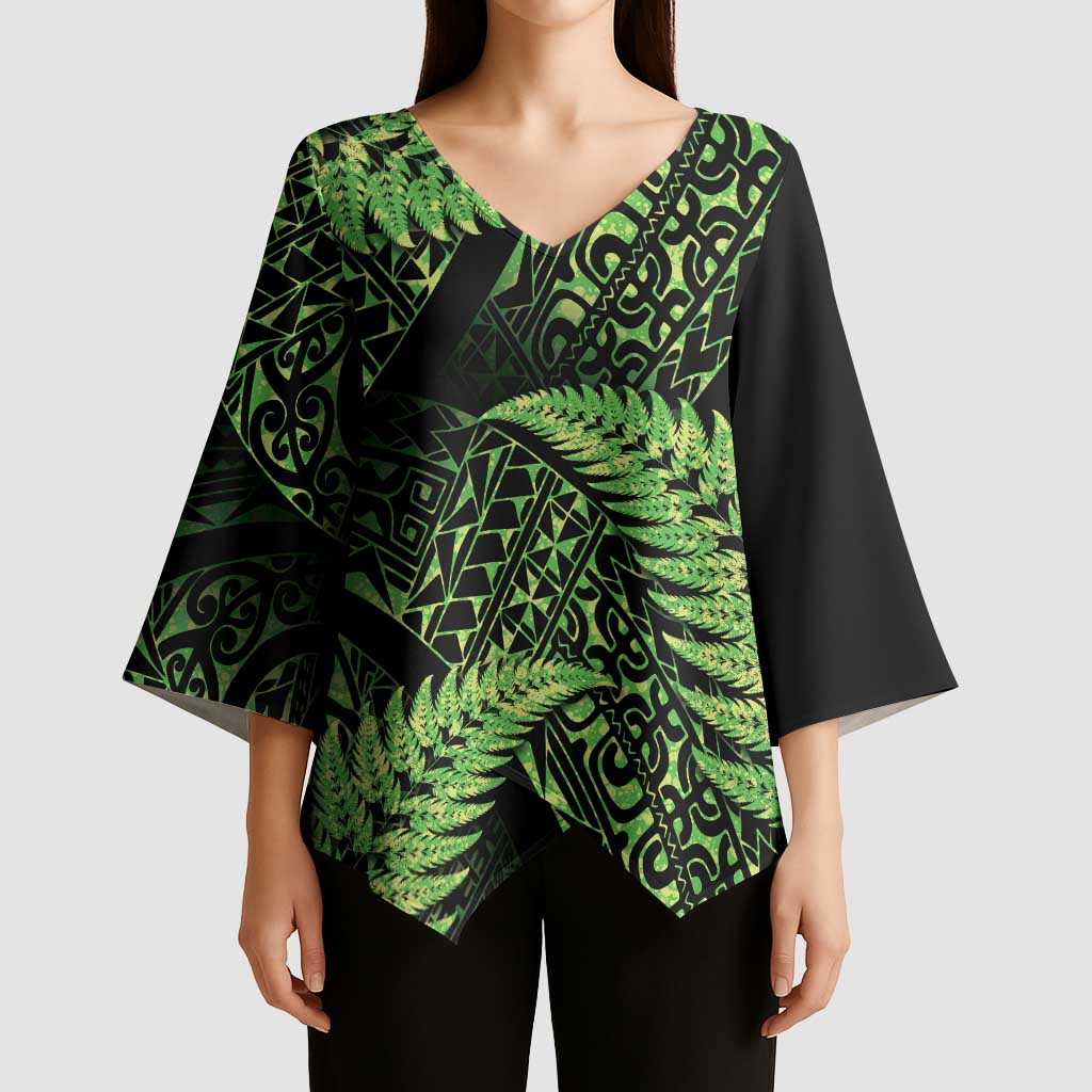 New Zealand Rugby Pacific Personalised Kimono Sleeve Blouse All Lime Maori Pasifika Fern Pattern - Polynesian Pride