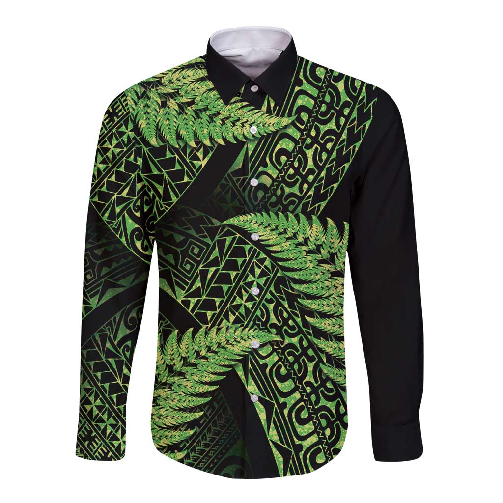 New Zealand Rugby Pacific Personalised Long Sleeve Button Shirt All Lime Maori Pasifika Fern Pattern LT9 Unisex Lime - Polynesian Pride