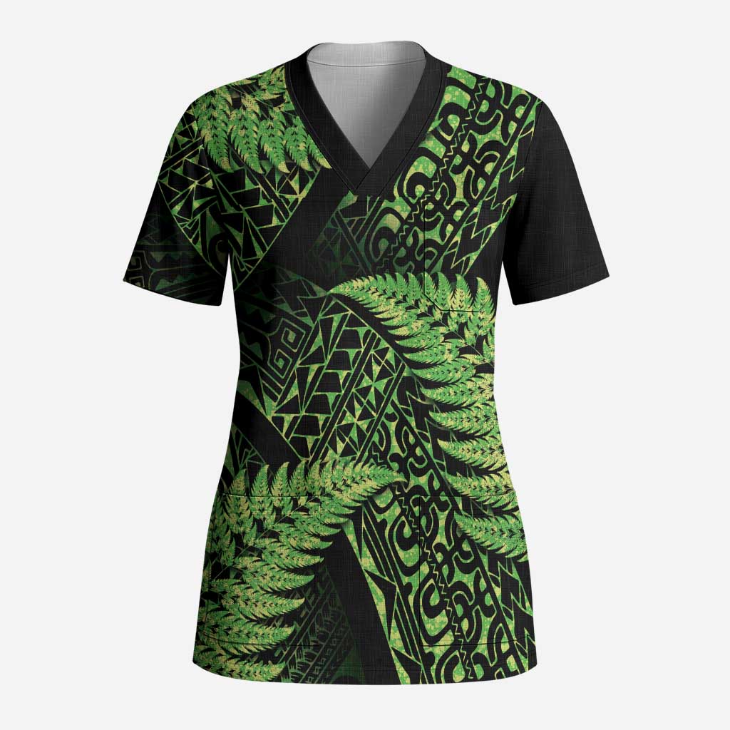 New Zealand Rugby Pacific Personalised Scrub Top All Lime Maori Pasifika Fern Pattern - Polynesian Pride