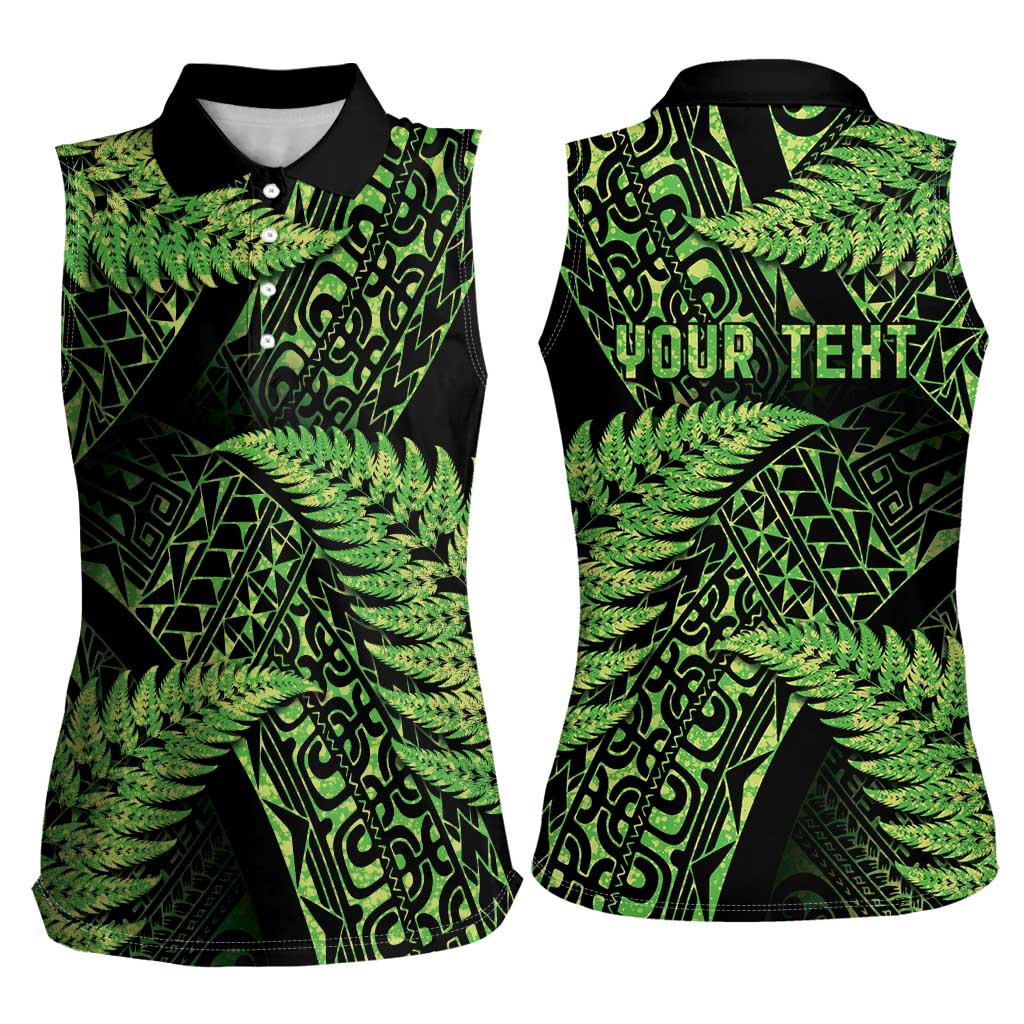 New Zealand Rugby Pacific Personalised Women Sleeveless Polo Shirt All Lime Maori Pasifika Fern Pattern