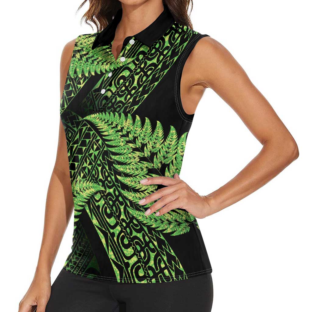 New Zealand Rugby Pacific Personalised Women Sleeveless Polo Shirt All Lime Maori Pasifika Fern Pattern