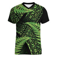 New Zealand Rugby Pacific Personalised Women V-Neck T-Shirt All Lime Maori Pasifika Fern Pattern LT9 Female Lime - Polynesian Pride