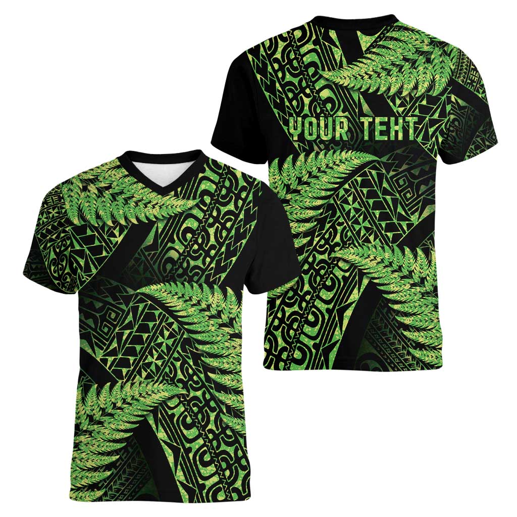 New Zealand Rugby Pacific Personalised Women V-Neck T-Shirt All Lime Maori Pasifika Fern Pattern LT9 - Polynesian Pride