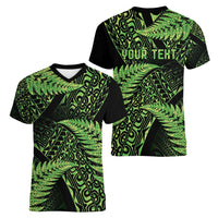 New Zealand Rugby Pacific Personalised Women V-Neck T-Shirt All Lime Maori Pasifika Fern Pattern LT9 - Polynesian Pride
