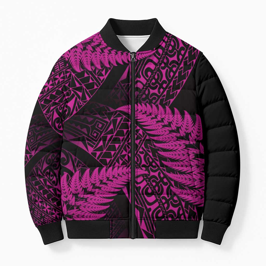 New Zealand Rugby Pacific Personalised Bomber Puffer Jacket All Pink Maori Pasifika Fern Pattern - Polynesian Pride