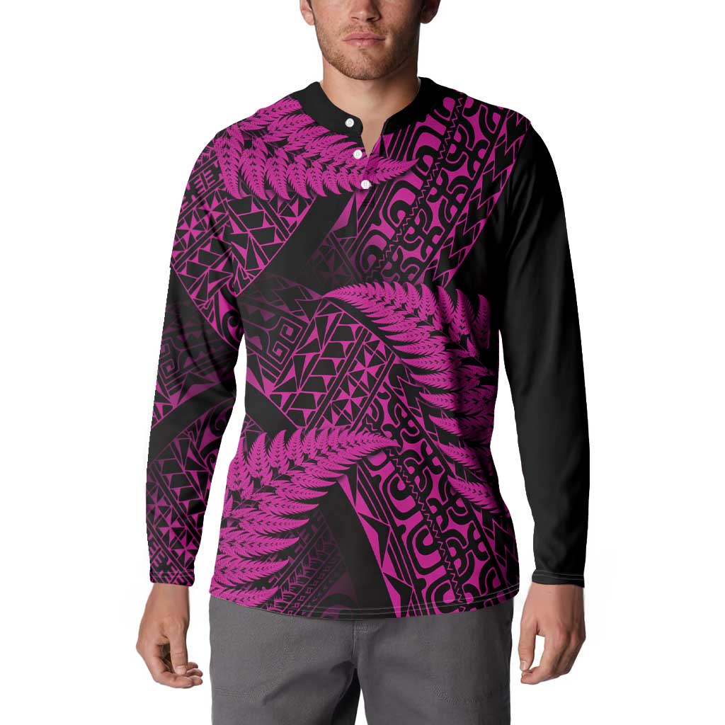 New Zealand Rugby Pacific Personalised Button Sweatshirt All Pink Maori Pasifika Fern Pattern LT9 - Polynesian Pride