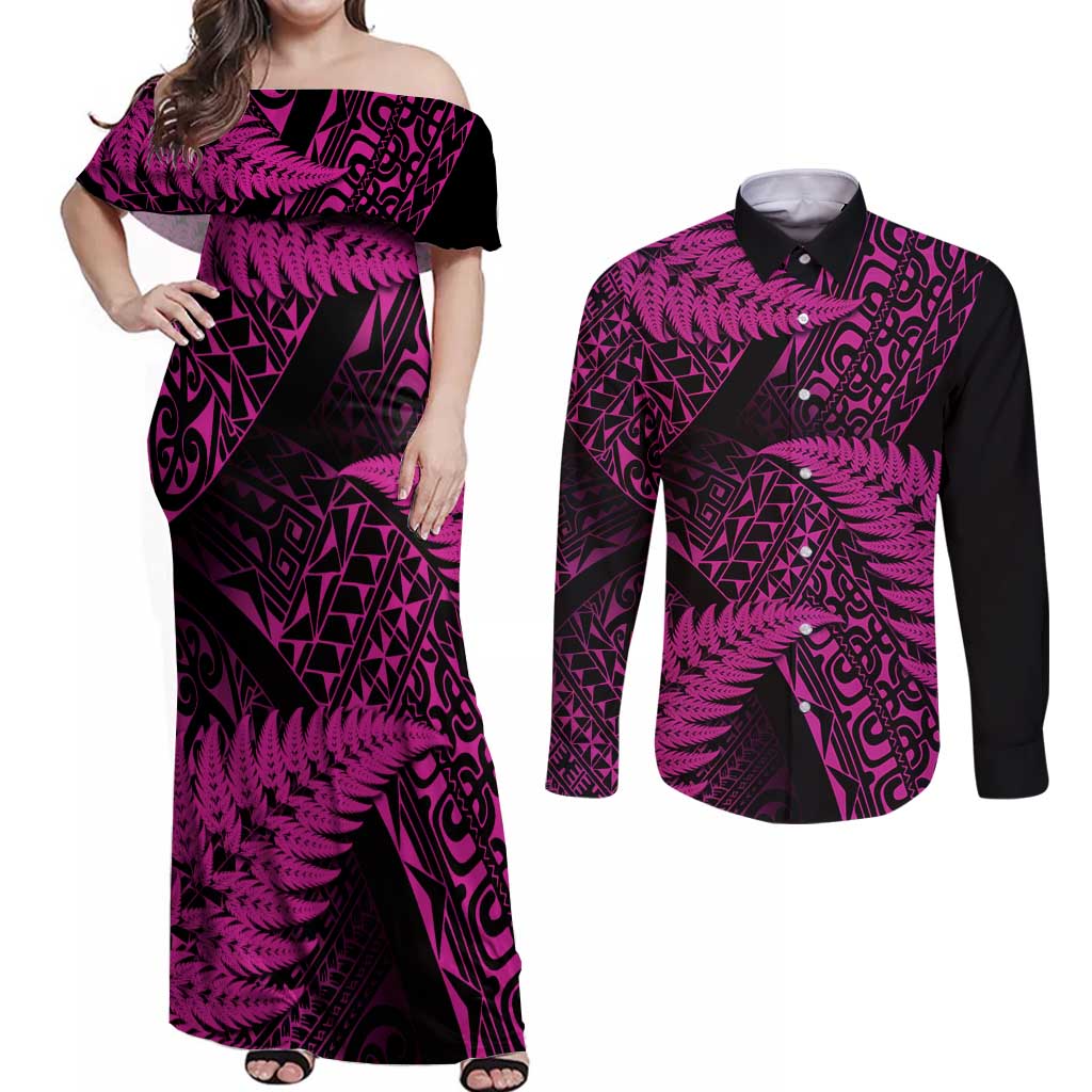 New Zealand Rugby Pacific Personalised Couples Matching Off Shoulder Maxi Dress and Long Sleeve Button Shirt All Pink Maori Pasifika Fern Pattern LT9 Pink - Polynesian Pride