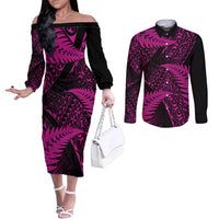 New Zealand Rugby Pacific Personalised Couples Matching Off The Shoulder Long Sleeve Dress and Long Sleeve Button Shirt All Pink Maori Pasifika Fern Pattern LT9 Pink - Polynesian Pride
