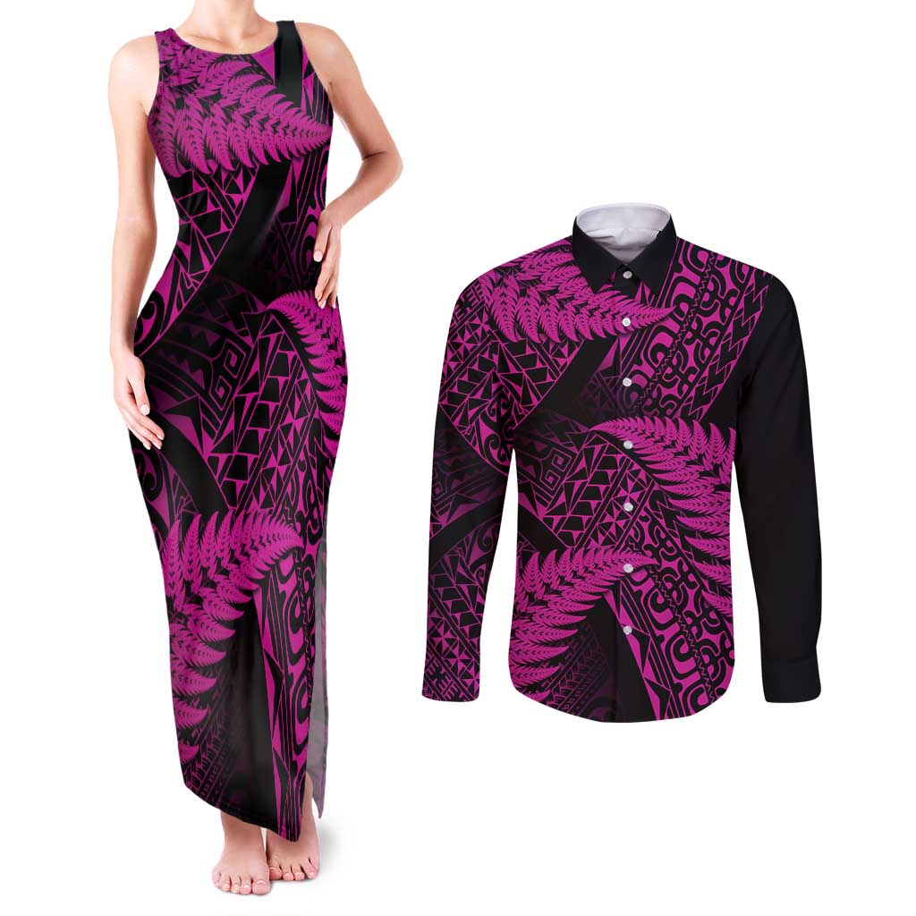 New Zealand Rugby Pacific Personalised Couples Matching Tank Maxi Dress and Long Sleeve Button Shirt All Pink Maori Pasifika Fern Pattern LT9 Pink - Polynesian Pride