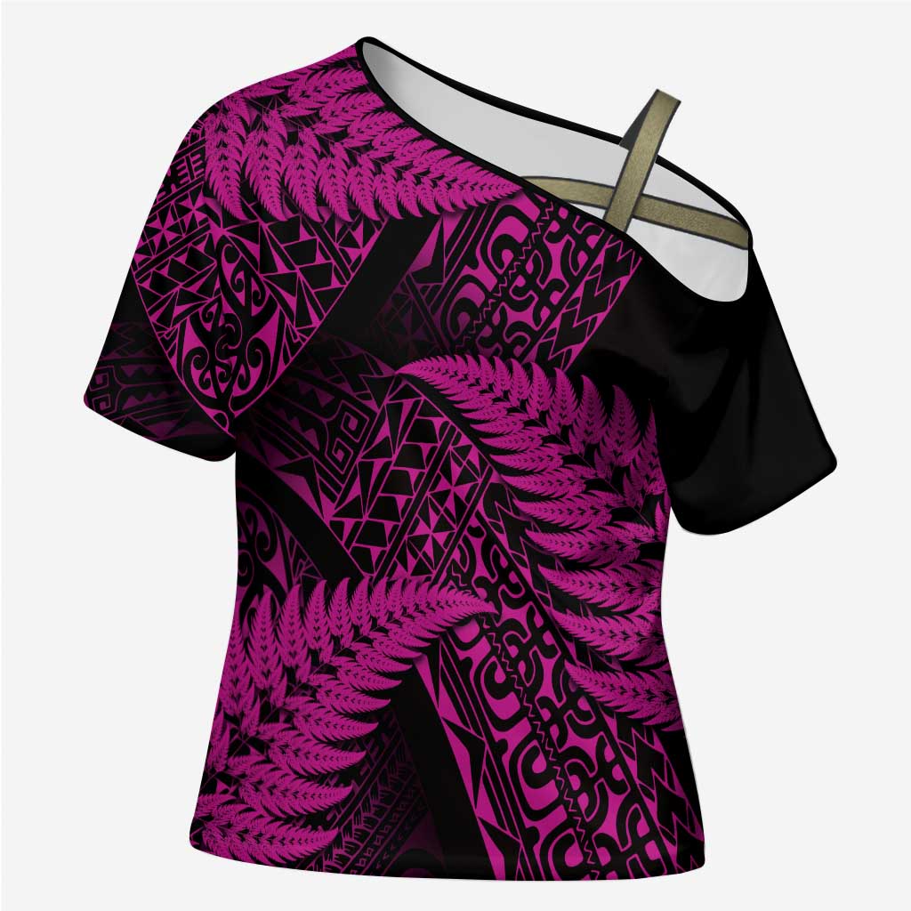 New Zealand Rugby Pacific Personalised Cross Shoulder Shirt All Pink Maori Pasifika Fern Pattern - Polynesian Pride