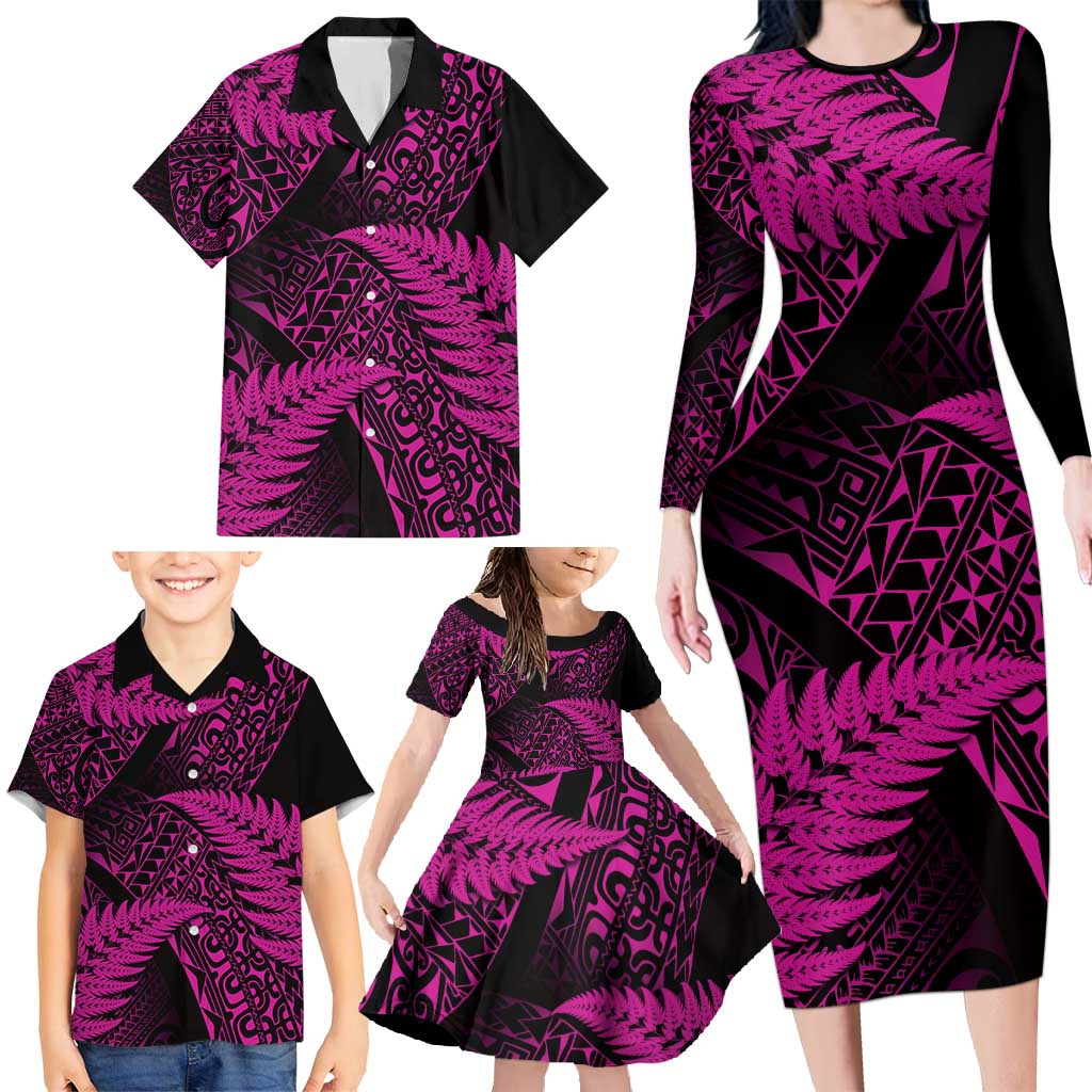 New Zealand Rugby Pacific Personalised Family Matching Long Sleeve Bodycon Dress and Hawaiian Shirt All Pink Maori Pasifika Fern Pattern LT9 - Polynesian Pride