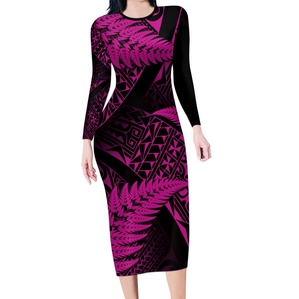 New Zealand Rugby Pacific Personalised Family Matching Long Sleeve Bodycon Dress and Hawaiian Shirt All Pink Maori Pasifika Fern Pattern LT9 Mom's Dress Pink - Polynesian Pride