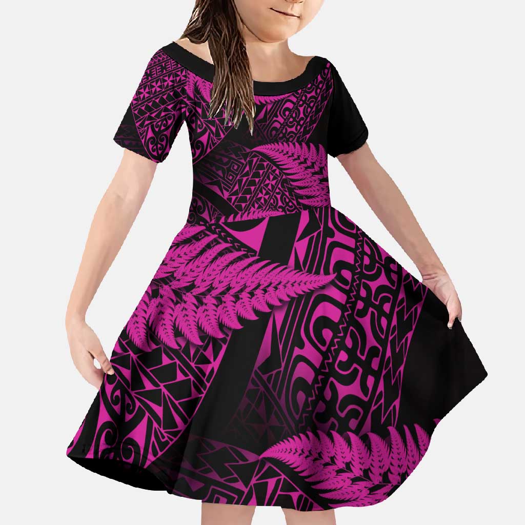 New Zealand Rugby Pacific Personalised Family Matching Mermaid Dress and Hawaiian Shirt All Pink Maori Pasifika Fern Pattern LT9 Daughter's Dress Pink - Polynesian Pride