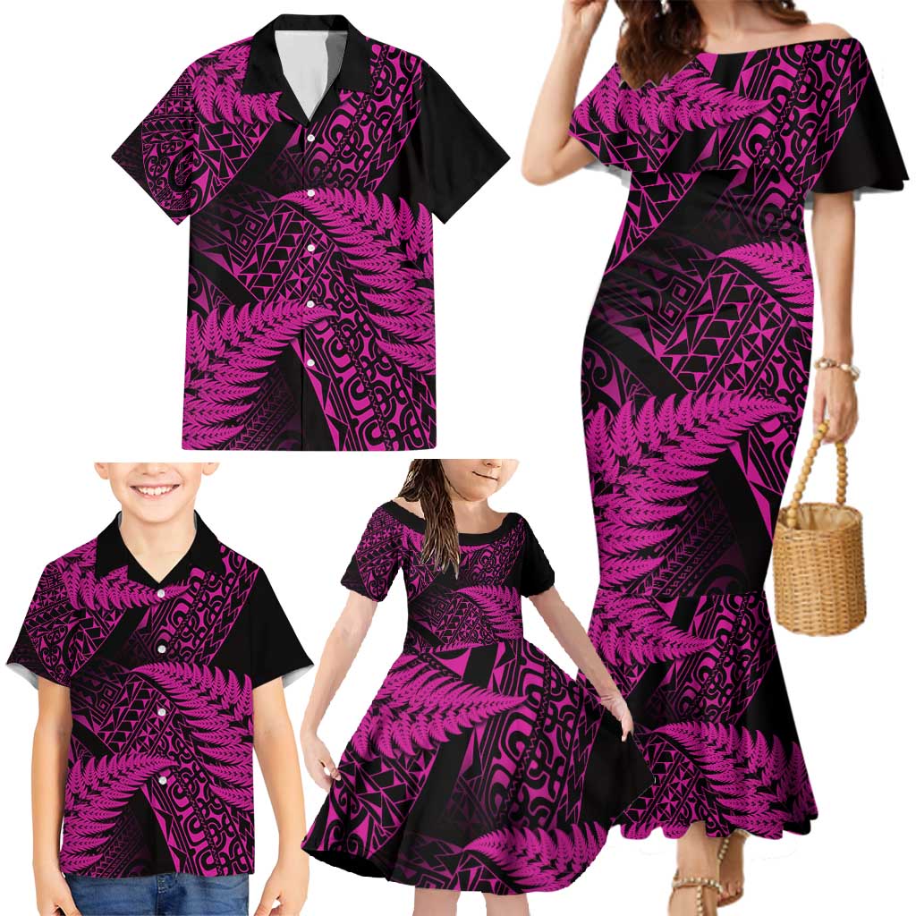 New Zealand Rugby Pacific Personalised Family Matching Mermaid Dress and Hawaiian Shirt All Pink Maori Pasifika Fern Pattern LT9 - Polynesian Pride
